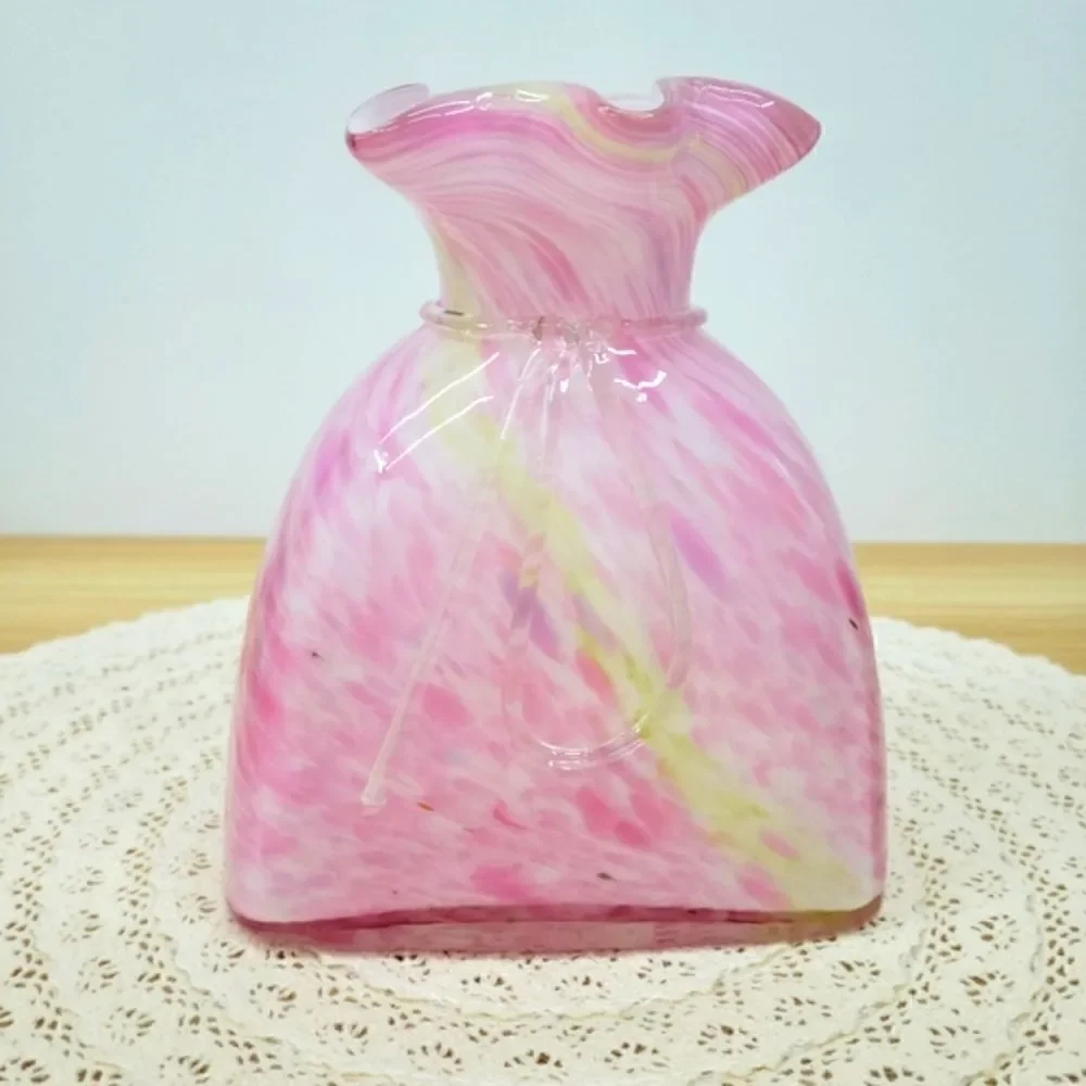 Vintage Murano Style Pink Cased Art Glass Tied Gift Bag Swirl Vase